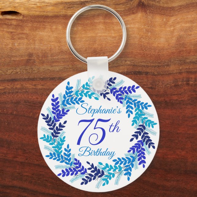Elegant Blue Wreath 75th Birthday Key Ring (Front)