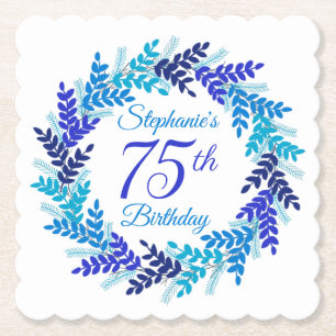 Elegant Blue Wreath 75th Birthday Paper Coaster
