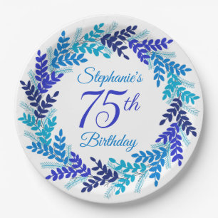 Elegant Blue Wreath 75th Birthday Paper Plate