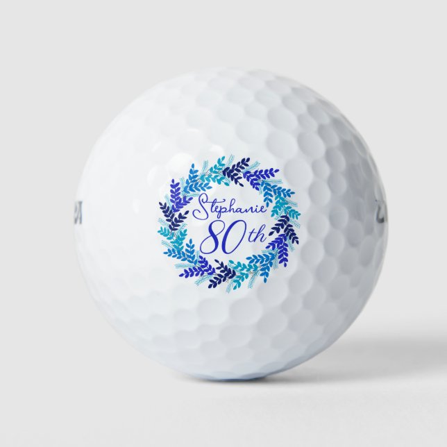 Elegant Blue Wreath 80th Birthday Golf Balls (Front)