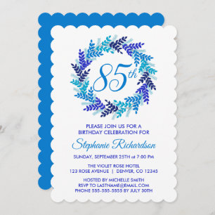 Elegant Blue Wreath 85th Birthday Party Invitation
