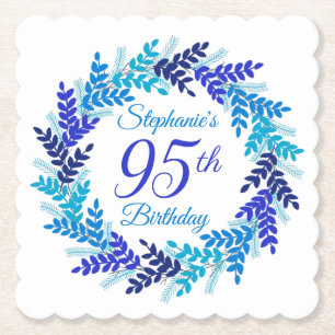Elegant Blue Wreath 95th Birthday Paper Coaster
