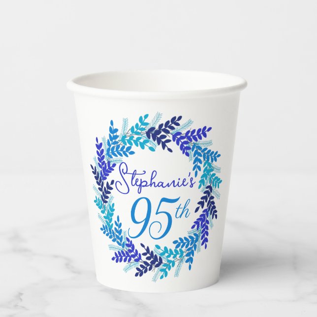 Elegant Blue Wreath 95th Birthday Party Paper Cups (Front)