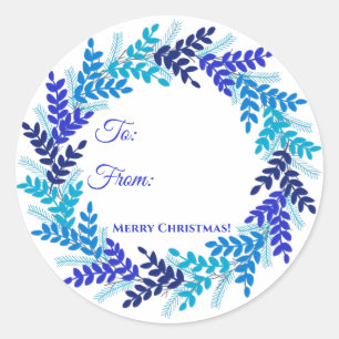 Elegant Blue Wreath Christmas Gift Label Sticker