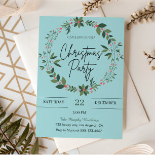 Elegant Blue Wreath Christmas Party  Invitation