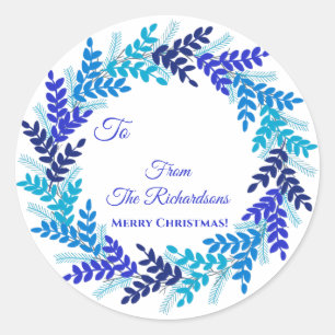 Elegant Blue Wreath Name Christmas Gift Sticker