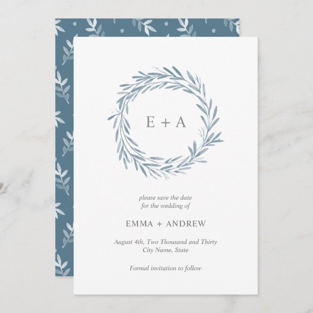 Elegant Blue Wreath Save the Date - Back Pattern Invitation (Front/Back)