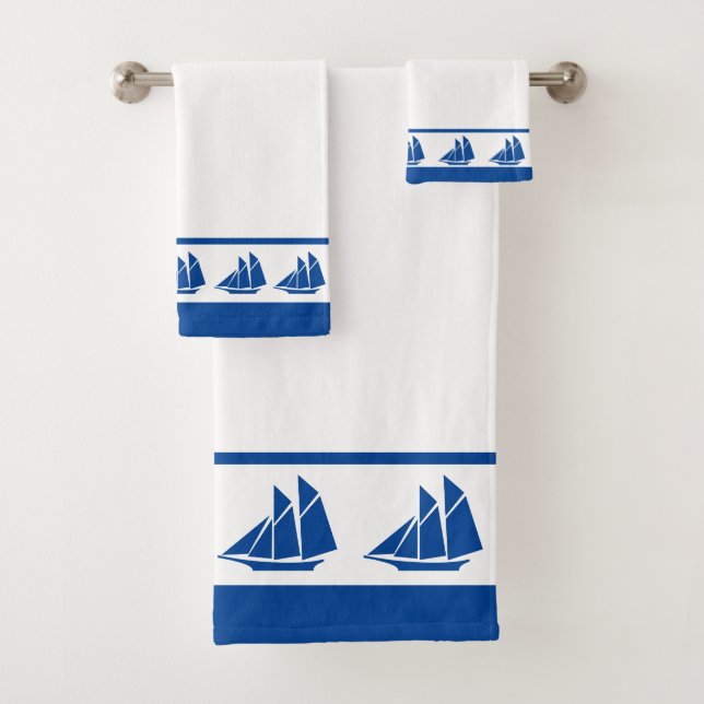 Elegant Blue Yacht on White Bath Towel Set (Insitu)