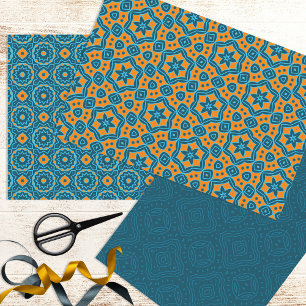 Elegant Blue & Yellow Ethnic Geometric Patterns Wrapping Paper Sheet