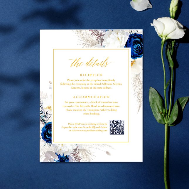 Elegant Blue & Yellow Floral Details RSVP QR Code Enclosure Card (Creator Uploaded)