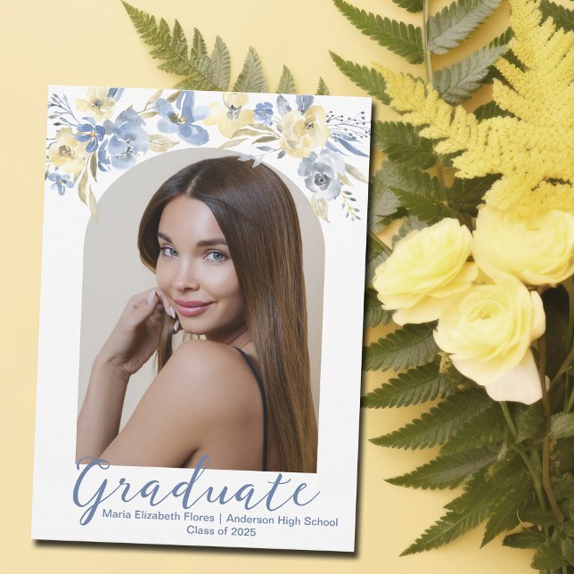 Elegant Blue Yellow Floral Graduate Photo Announcement (Creator Uploaded)