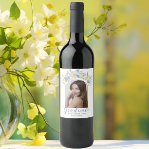Elegant Blue Yellow Floral Graduation Party Wine Label