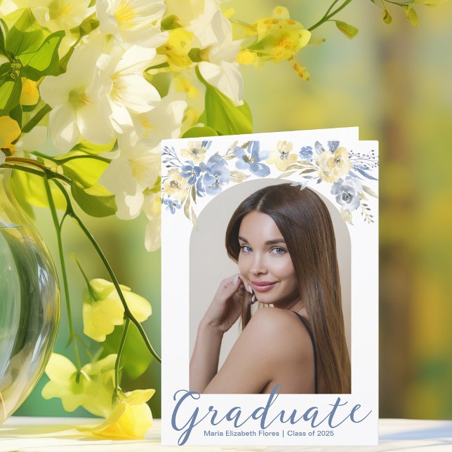 Elegant Blue Yellow Floral Graduation Photo Announcement (Creator Uploaded)