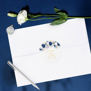 Elegant Blue & Yellow Floral Wedding Classic Round Sticker
