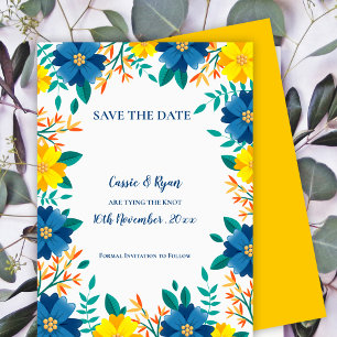 Elegant Blue Yellow Floral Wedding Save the Date