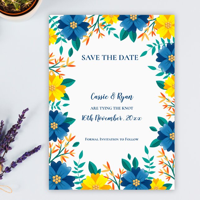Elegant Blue Yellow Floral Wedding Save the Date (Elegant Blue Yellow Floral Wedding Save the Date)