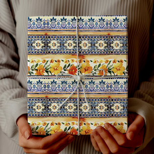 Elegant Blue Yellow Mediterranean Floral Tile Wrapping Paper