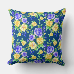 Elegant Blue Yellow Rose Floral Pattern Cushion