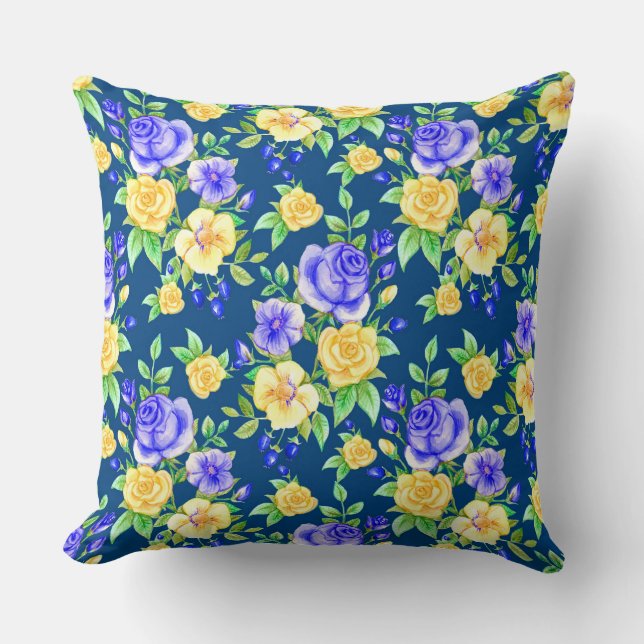 Elegant Blue Yellow Rose Floral Pattern Cushion (Front)