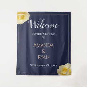 Elegant Blue Yellow Roses Floral Wedding Welcome  Tapestry