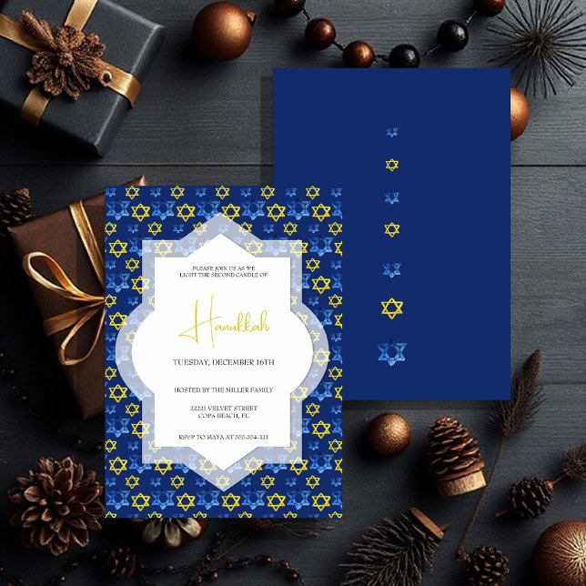 Elegant Blue Yellow Stars Of David Watercolor Invitation (Creator Uploaded)