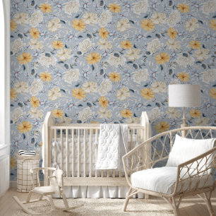 Elegant Blue Yellow/White Floral Pattern, Lt Blue Wallpaper