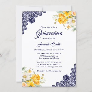 Elegant Blue Yellow White Floral Quinceañera Invitation
