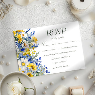 Elegant Blue Yellow Wildflower Wedding Meal Choice RSVP Card