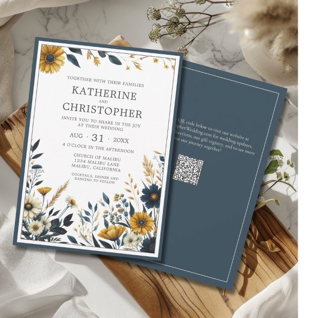 Elegant Blue Yellow Wildflowers Wedding Invitation (Blue and Yellow Flowers adorn this Elegant Formal Wedding Invitation, QR Code for wedding website.
)