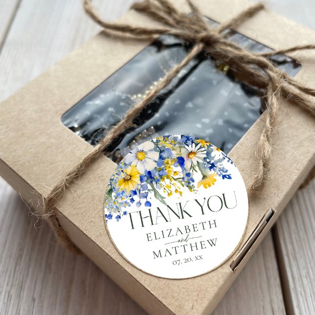 Elegant Blue Yellow Wildflowers Wedding Thank You Classic Round Sticker (Creator Uploaded)