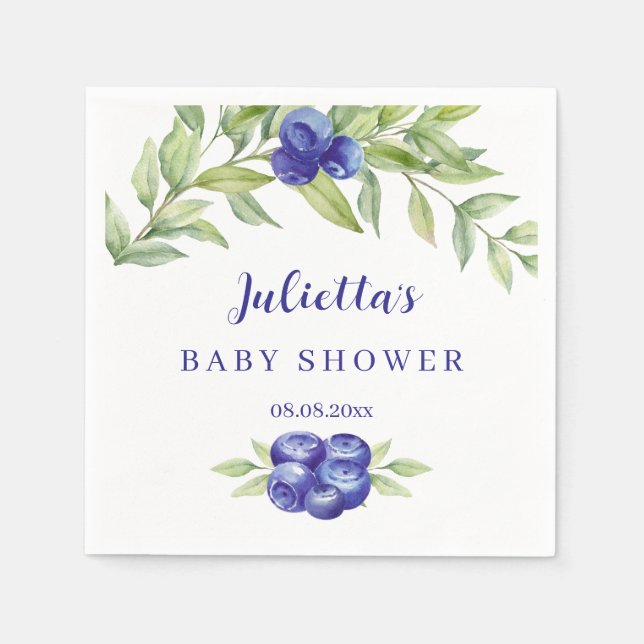 Elegant Blueberry and Greenery Foliage Baby Shower Napkin (Front)