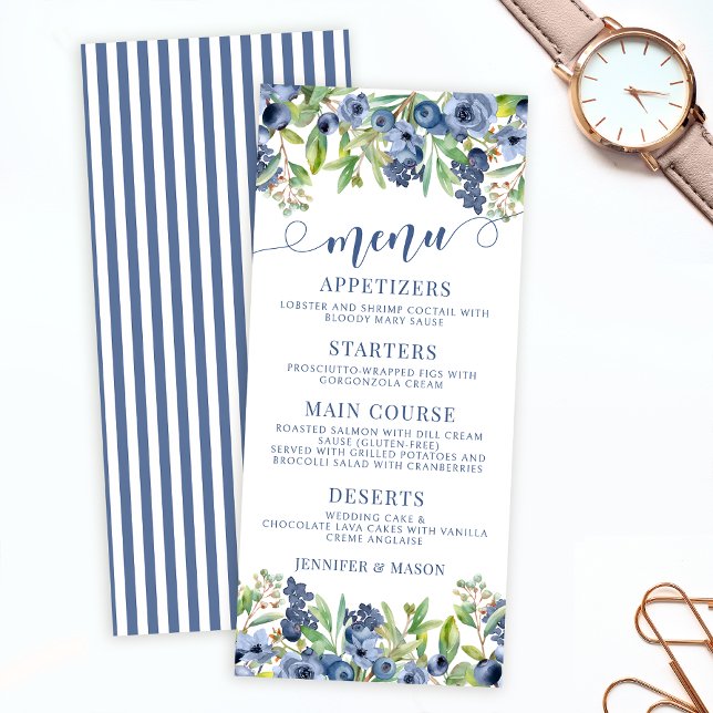 Elegant blueberry floral wedding menu cards (Creator Uploaded)