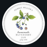 Elegant Blueberry on White Jam jar  Classic Round Sticker<br><div class="desc">Elegant Personalised hand painted watercolor vintage style Blueberry  jam label on crisp White background. Use for your homemade jam's or anything you choose. Makes great gift. Fill your information on label and enjoy.</div>