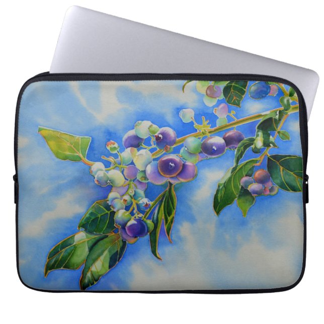 Elegant blueberry watercolor painting laptop sleeve (Front)