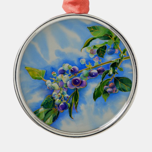 Elegant blueberry watercolor painting metal ornament (Front)
