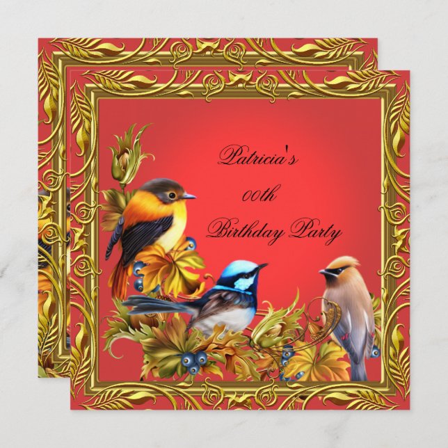 Elegant Bluebird Bird Red Gold Birthday Party Invitation (Front/Back)