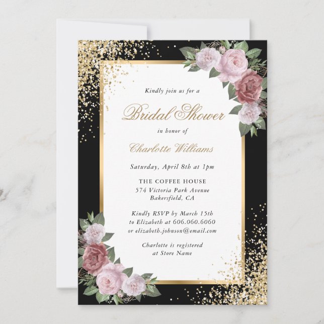 Elegant Blush and Black Floral Bridal Shower Invitation (Front)