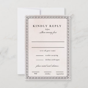 Elegant Blush and Black Watercolor Lace Wedding RSVP Card