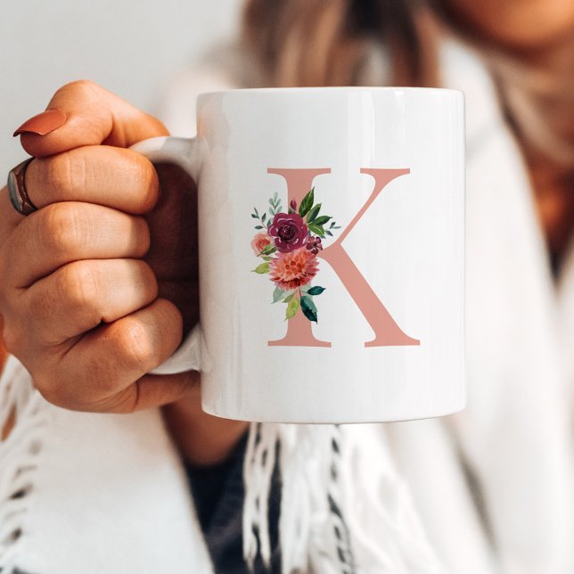 Elegant Blush and Burgundy Floral Monogram Initial Coffee Mug (Creator Uploaded)
