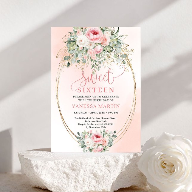 Elegant Blush and Gold Floral Sweet Sixteen Invite (Elegant Blush and Gold Floral Sweet Sixteen Invite)
