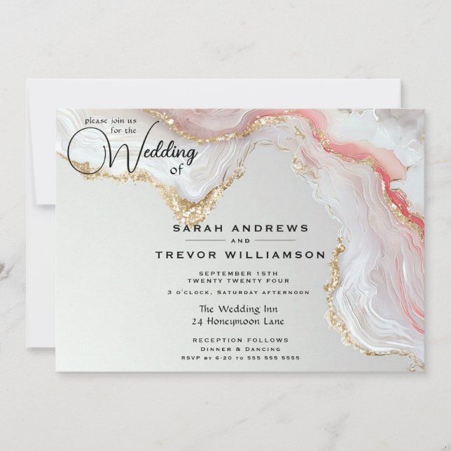 Elegant Blush and Gold Fluid Ink Agate  Invitation (Front)