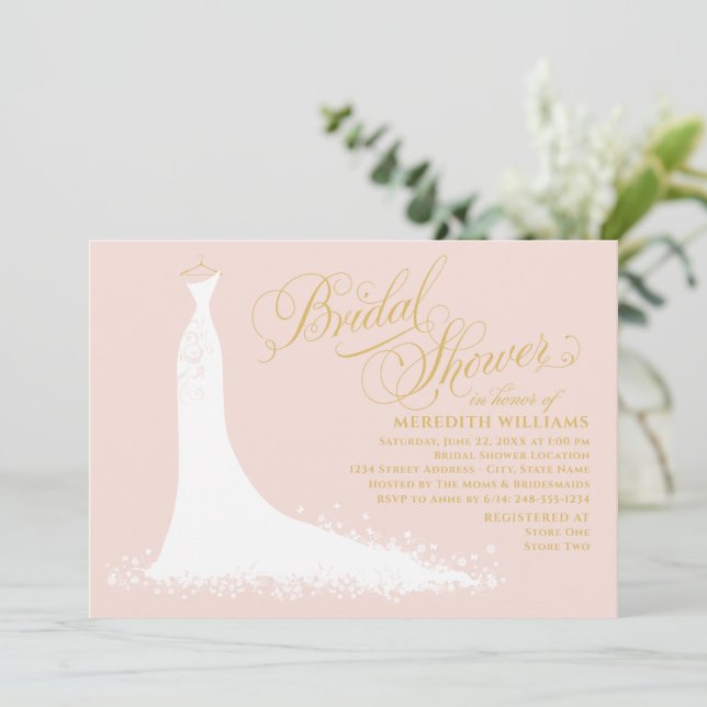 Elegant Blush and Gold Wedding Gown Bridal Shower Invitation (Standing Front)