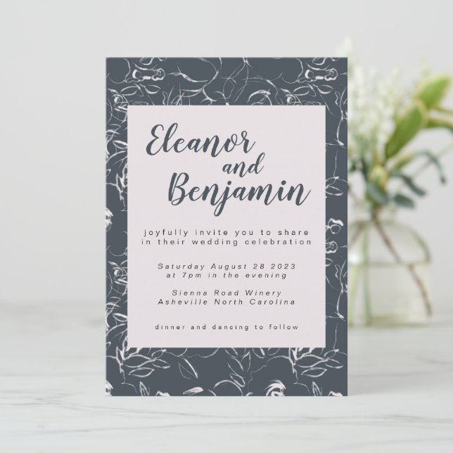 Elegant Blush and Grey Botanical Floral Wedding Invitation (Standing Front)