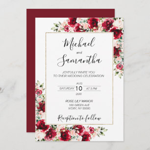 Elegant Blush and Red Roses Wedding Invitation