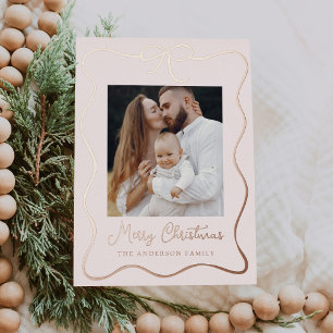 Elegant Blush and Rose Gold Ribbon Bow 2 Photo Foil Holiday Card