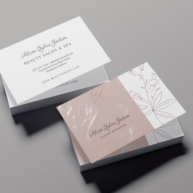 Elegant blush and white glam beauty salon manager business card (Creator Uploaded)