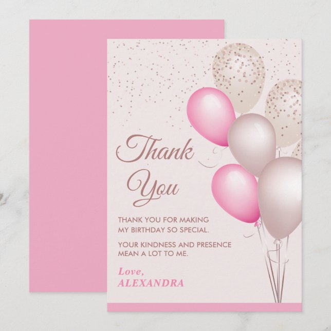Elegant Blush & Beige Balloons Birthday Thank You Card (Front/Back)