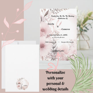Elegant Blush & Beige Boho Floral Wedding Invitation