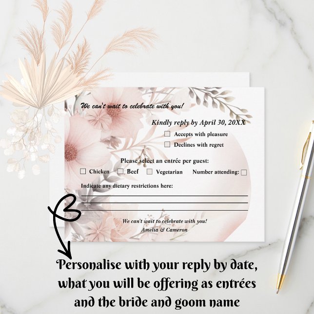 Elegant Blush & Beige Boho Floral Wedding RSVP Card (Set the tone for your romantic celebration with our elegant boho blush & beige wedding suite)