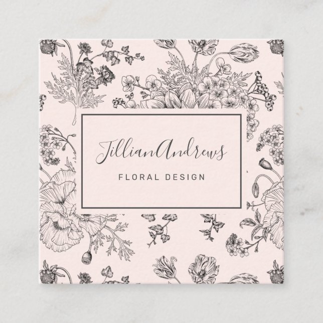 Elegant Blush Black Floral Design Professional Square Business Card (Front)